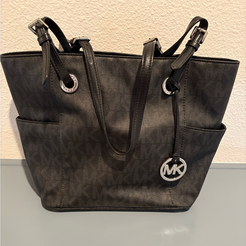 Michael Kors Black Leather Tote with Silver Accents
